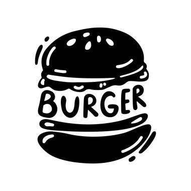 Hamburger logosu. Üzerinde yazı olan grafiksel bir çizim. Beyaz arkaplanda izole.