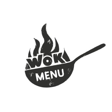 Tava kızartma ikonu. Wok Asya yemek logosu. Menü için mükemmel, logo, işaret, etiket.
