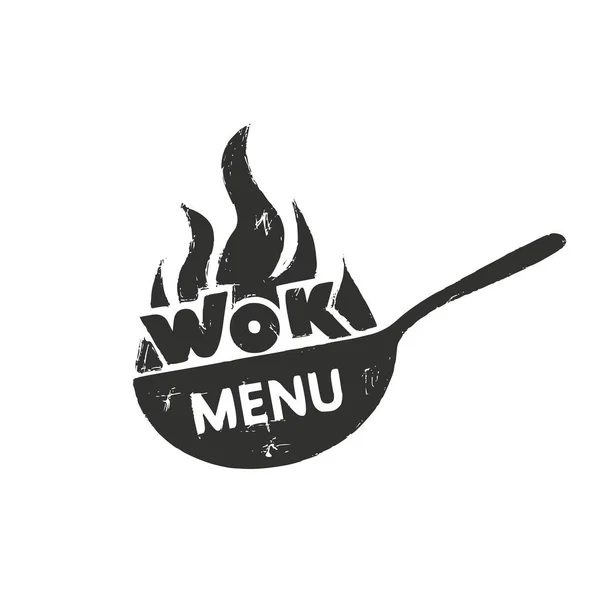 프라이팬 아이콘에 건배하자 Wok Asian Food Logo 메뉴에 — 스톡 벡터