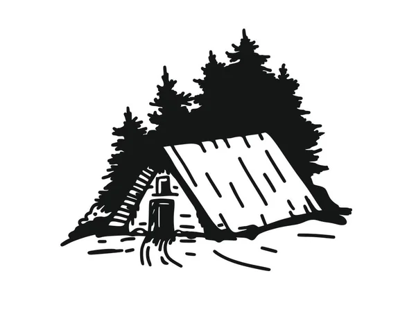 Ένα Σπίτι Στο Δάσος Χειροποίητο Σκίτσο Μπορεί Χρησιμοποιηθεί Για Φυλλάδια — Διανυσματικό Αρχείο
