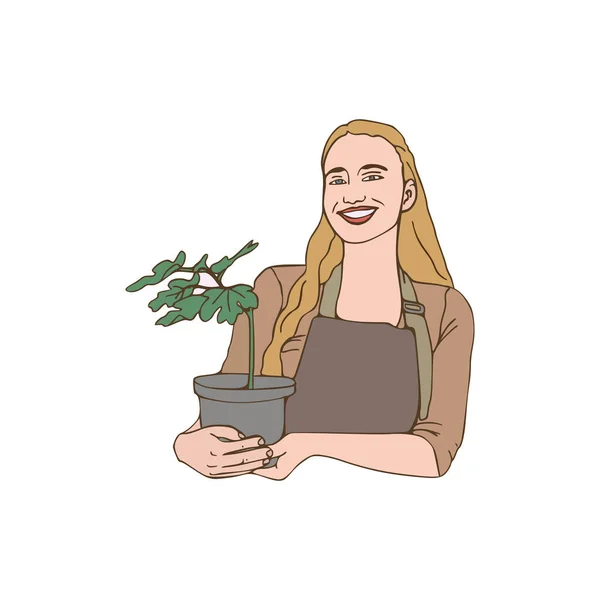 Gelukkig Glimlachende Vrouwelijke Tuinman Die Een Boom Een Pot Houdt — Stockvector