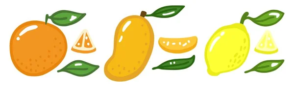 Seperangkat Buah Tropis Mangga Lemon Jeruk - Stok Vektor