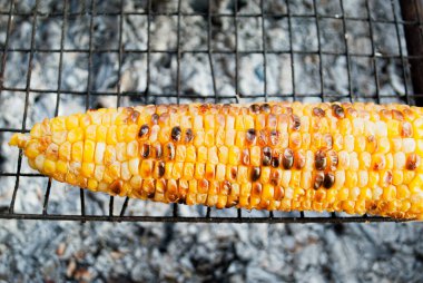 Izgarada kızarmış mısır ve ateş, bbq