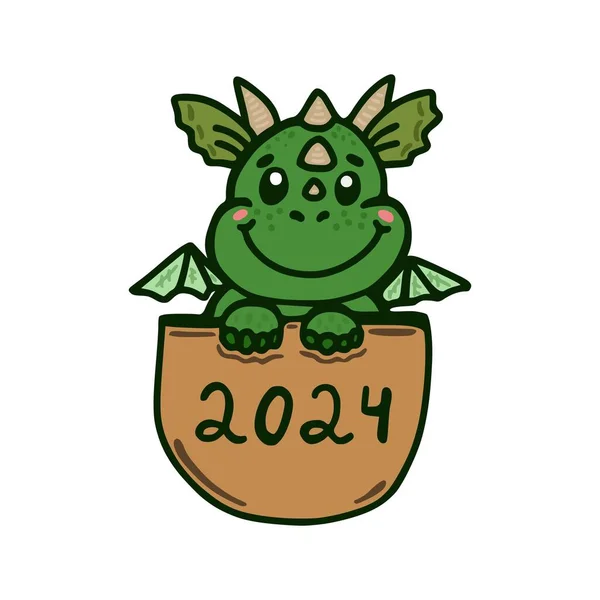 Cute Baby Dragon Sitting Pocket Year Green Wood Dragon 2024 — Stock Photo, Image