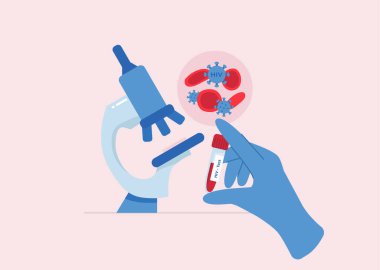 Eldivendeki doktorun elinde HIV testi tüpü var. Laboratuvarda enfekte olmuş kanı mikroskop altında HIV virüsü ile inceliyorum. Düz biçimli vektör illüstrasyonu.