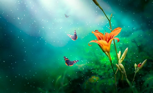 テントウムシと飛行蝶ファンタジー魔法の中でユリの花おとぎ話の中のエメラルド色の庭自体森 おとぎ話の花の背景 月の光線で暗い夜の11の魔法の木 ロイヤリティフリーのストック写真
