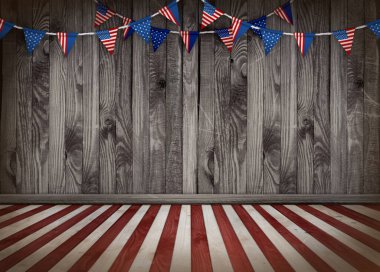 Amerika bayrak renkleri ve eski grunge ahşap duvar arka planı ve çizgili zemin, 4 Temmuz Bağımsızlık Günü teması, Amerikan ulusal bayramları için retro festival konsepti.