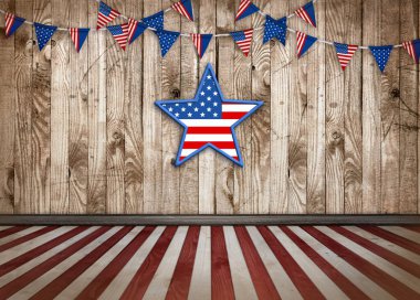4 Temmuz Bağımsızlık Günü teması, Amerikan bayrağı renginde retro iç mekan ve ahşap ahşap zeminli yıldız sembolü, Amerikan ulusal bayramları için klasik festival konsepti..
