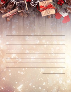 Noel Baba 'nın el yapımı şablonu atölyede, basılabilir yapılacaklar listesinde, dilek listesi veya planlamacıda. Master Class davetiyesi ya da tebrik kartı için kağıt. Doldurulmuş parlak arkaplan.