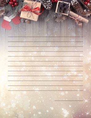 Noel Baba 'nın el yapımı şablonu atölyede, basılabilir yapılacaklar listesinde, dilek listesi veya planlamacıda. Master Class davetiyesi ya da tebrik kartı için kağıt. Doldurulmuş parlak arkaplan.