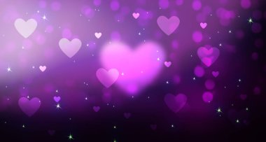 Sevgililer Günü menekşe desenli kalp şekilli arka plan bokeh, tatil romantik soyut pankart, kutlama rüya gibi mor eflatun kontrastlı şablon.