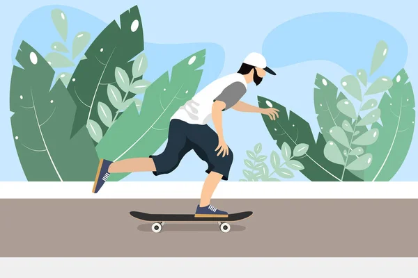 Activ Băiat Plimbare Skateboard Street Sport Adolescent Izolat Fundal Albastr — Vector de stoc