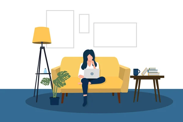 Mädchen Arbeitet Hause Sitzend Freiberuflich Oder Studienkonzept Nette Illustration Flachen — Stockvektor