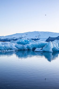 Gün batımında eriyen buzullar. Küresel ısınma Suda yüzen buz kütleleri. Dokunulmamış doğa. Manzara.