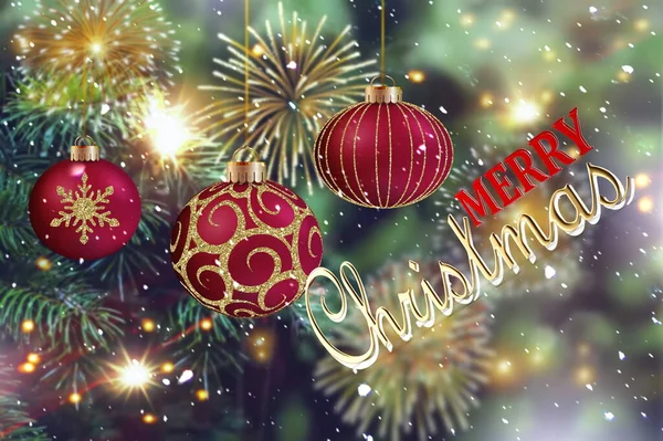 Weihnachtsbaum Zweig Mit Rotgoldener Kugel Und Girlanden Licht Festlichen Feiertag — Stockfoto