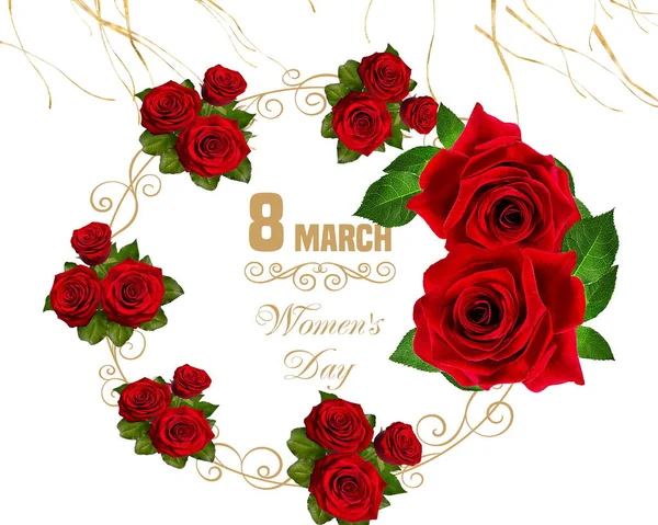 Rode Rozen Feestelijk Gelukkig Vrouw Dag Valentijnsdag Groet Achtergrond Sjabloon — Stockfoto