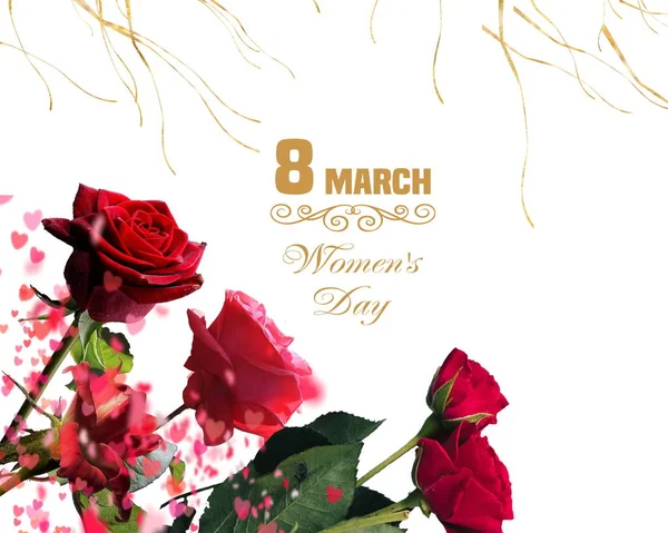 Red Roses Festive Happy Woman Day Valentine Day Greeting Background — Stock Photo, Image