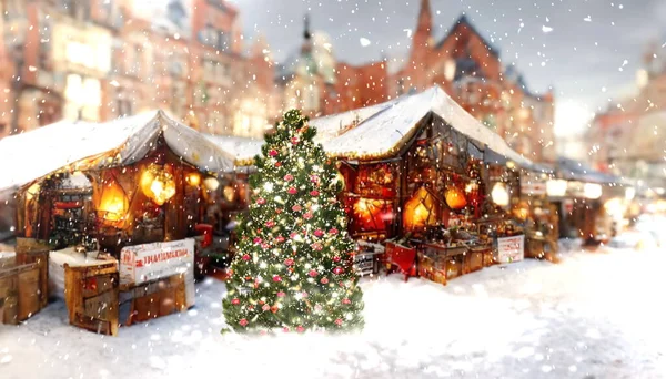Christmas Tree Marketplace Medieval Town Blue Sky Snow Flakes Holiday — Stock fotografie