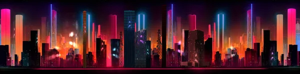 night city  modern buildings  neon light panorama banner background