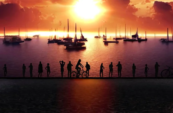 Menschen Silhouette Auf Rosa Gold Orange Sonnenuntergang Strand Der Promenade — Stockfoto