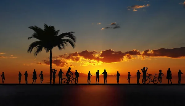 Закат Солнца Силуэт Людей Шпильках Пальма Розово Золотистом Оранжевом Небе — стоковое фото