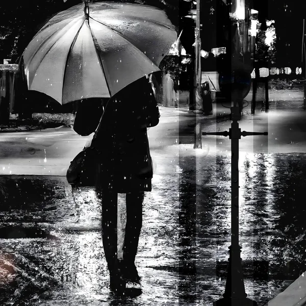 women with umbrella on wet evening city street under rain