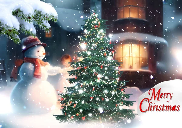 Vánoční Strom Sněhulák Dřevěný Dům Scéna Pozdravy Karta Zimní Dovolená — Stock fotografie