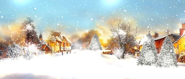 winter snowy  village , snow flakes fall, blue sky ,wooden cabin  and on horizon forest winter landscape