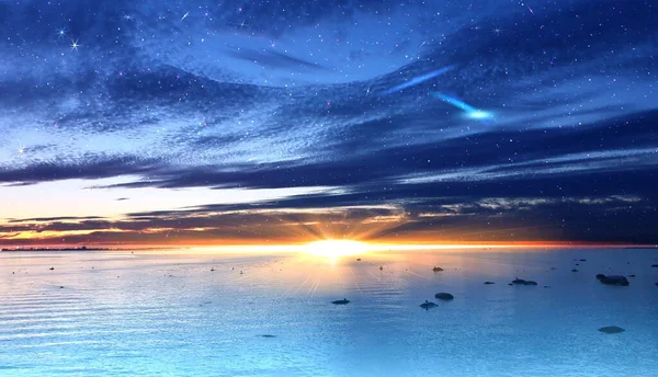 night blue sky on sunset at sea water reflection gold sun beam and starry sky star fall  flares  sun down blue pink orange  nature landscape