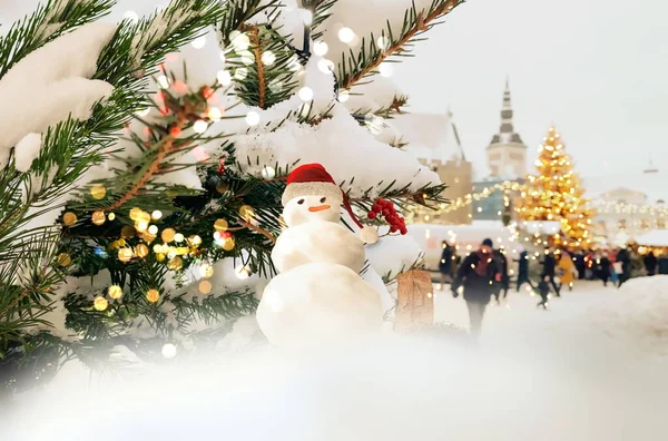Christmas Evening Street Decoration Snowman Santa Cup Medieval Houses Lantern — Stock Photo, Image