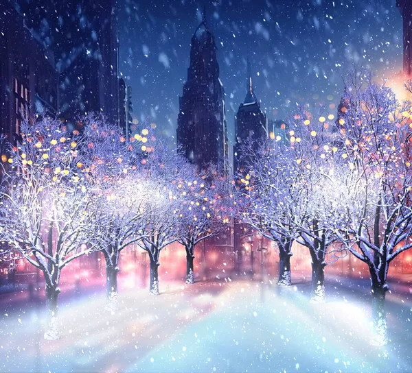 Winter Snowy City Park Trees Covered Snow Snow Fall Blurred — Stock Photo, Image