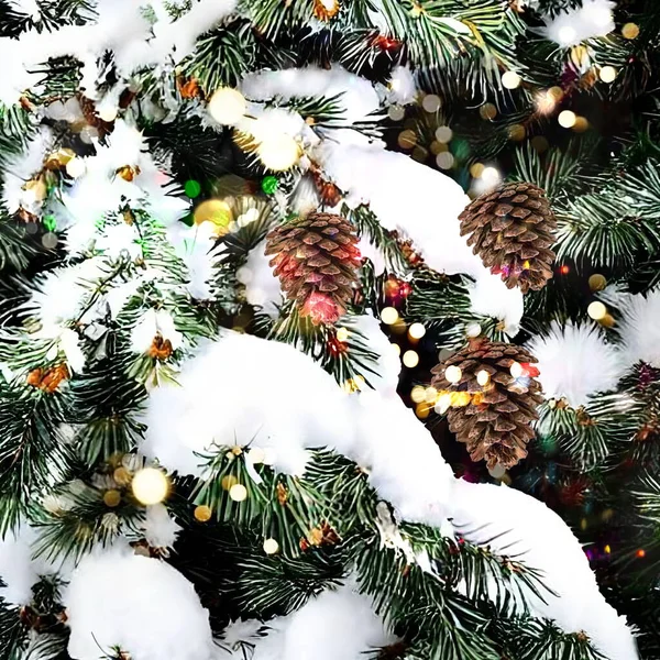 Гілка Ялинки Вкрита Снігом Святковим Освітленням Світло Золота Конфетті Снігові — стокове фото