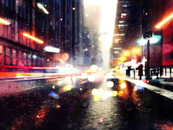 Yağmur Damlaları Akşam Şehir Bulanık Bokeh Işık Yağmurlu Pencereler Şablon — Stok fotoğraf