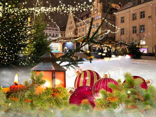 Christmas City Festive Tree Tallinn Old Town Marketplace Lantern Decoration — Stock Photo, Image