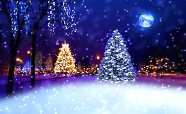 冬の街 夜の街公園のクリスマスツリー 青い夜空のぼんやりとしたボケ光と月 — ストック写真