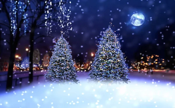 Winterstadt Weihnachtsbaum Stadtpark Verschwommenes Bokeh Licht Und Mond Blauen Nachthimmel — Stockfoto
