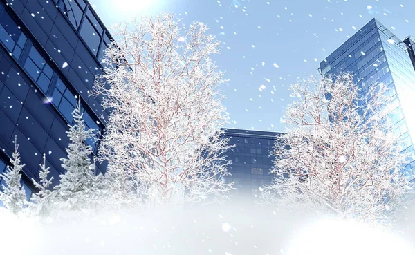 Winter City Snowy Trees Covered Snow Modern Buildings Urban Seasonal — Stock Photo, Image