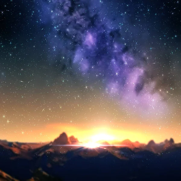 Notte Stellata Cielo Blu Fascio Sole Bagliori Nebulosa Lattea Paesaggio — Foto Stock