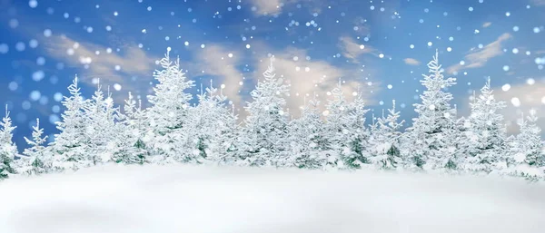 Piękny Zimowy Krajobraz Błękitne Niebo Drzewa Pokryte Śniegiem Płatki Śniegu — Zdjęcie stockowe