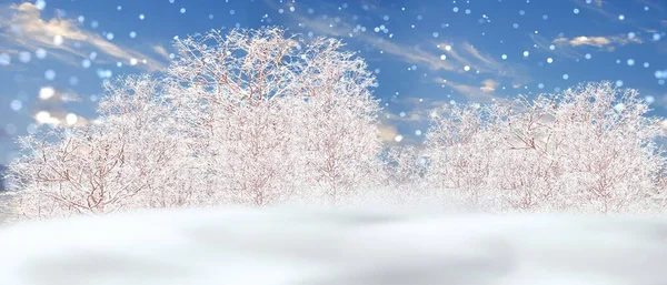 Güzel Kış Manzarası Mavi Gökyüzü Ağaçları Karla Kaplı Kar Taneleri — Stok fotoğraf