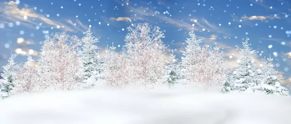 Piękny Zimowy Krajobraz Błękitne Niebo Drzewa Pokryte Śniegiem Płatki Śniegu — Zdjęcie stockowe