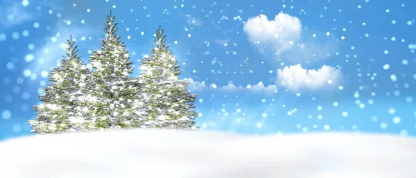 Inverno Paisagem Azul Céu Árvores Cobertas Neve Nuvens Brancas Símbolo — Fotografia de Stock