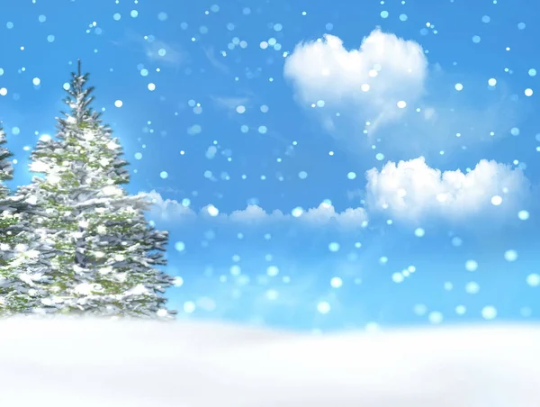 Kış Manzarası Mavi Gökyüzü Ağaçları Karla Kaplı Kalp Sembolü Beyaz — Stok fotoğraf