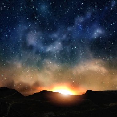 starry night blue sky and orange  sunset beam flares   milky way nature landscape