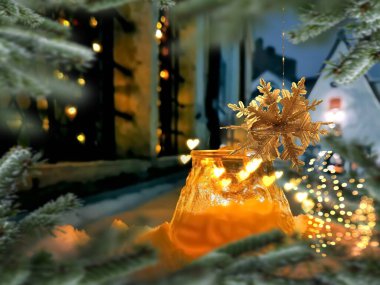  snowman in red santa hat winter forest pine trees cvered by snow Christmas background nature landscape 