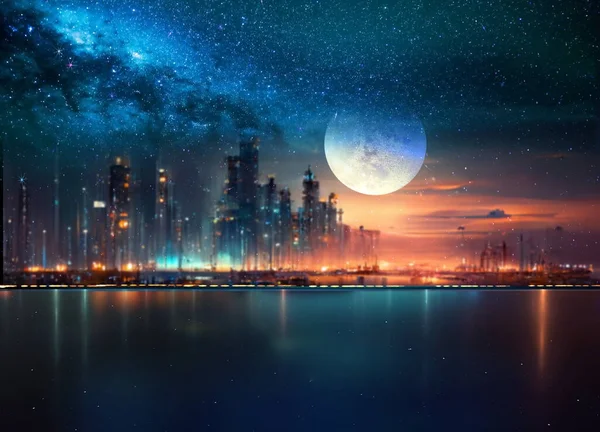 night sea  starry sky  in harbor ,blue sea water  nebula and big moon on sea on horizon city light blurred light