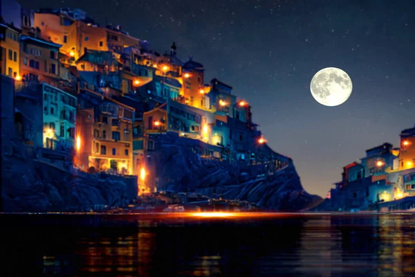 starry night at sea in Italy , houses in harbor ,blue sea water nebula and big moon on sea on horizon city light blurred light Mediterranean sea 3d illustration