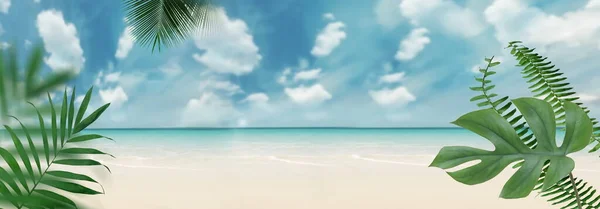 Blå Himmel Vit Moln Tropisk Växt Strand Sand Sommar Bakgrund — Stockfoto