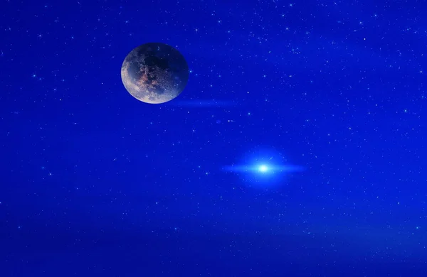 Ночное Голубое Звездное Небо Большое Голубое Луна Розовые Облака Заката — стоковое фото