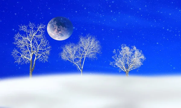 Noche Azul Cielo Estrellado Grande Azul Luna Nieve Árboles Nevados —  Fotos de Stock